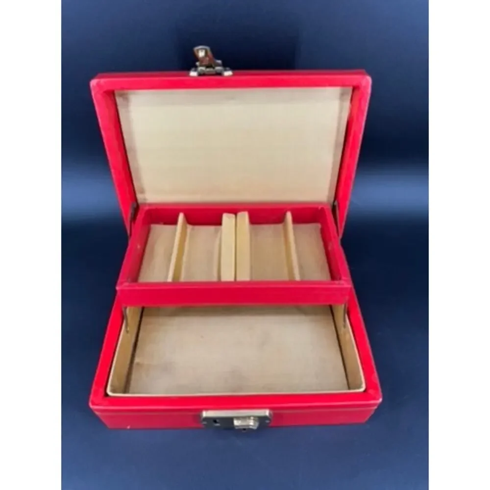 Vintage Red Leatherette Cantilever Tray Jewelry Box Vanity Organizer MCM
